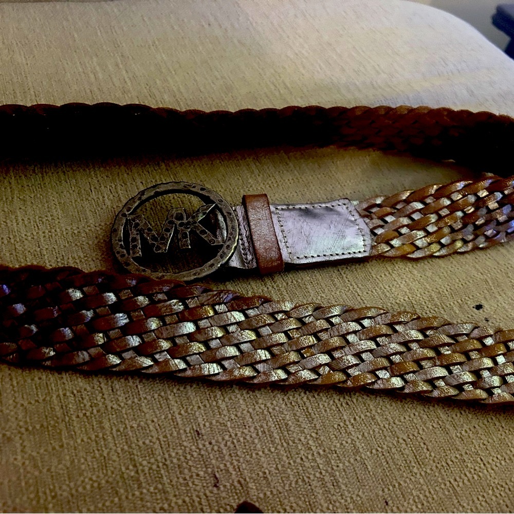 Michael Kors Tan Braided Belt with Silver metallic Buckle